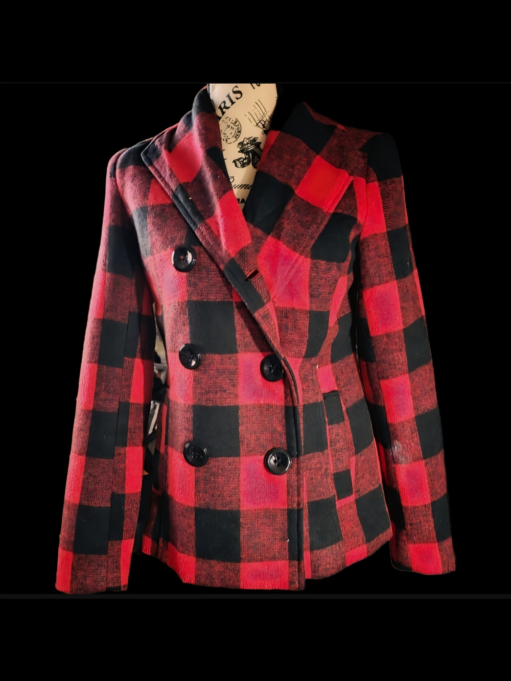 Rampage Red and Black Plaid Double-Breasted Pea Coat